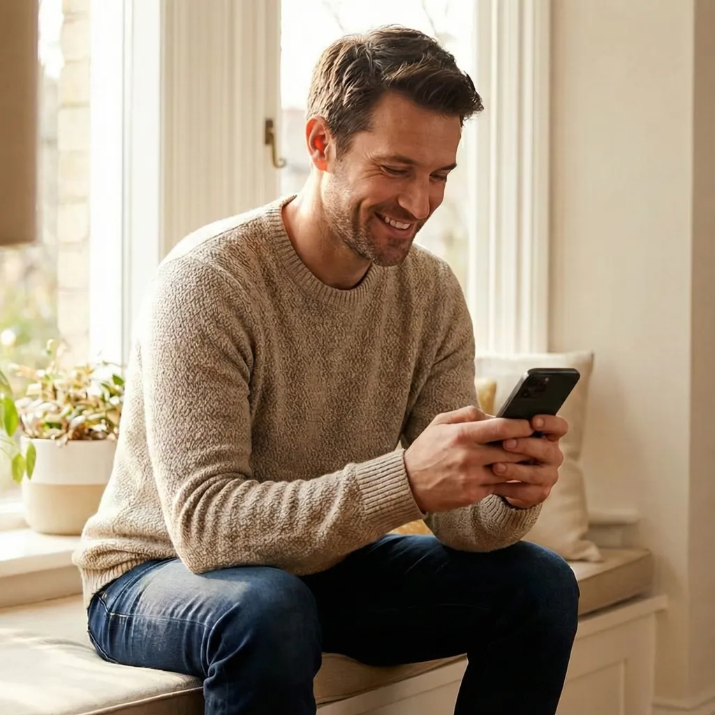 Happy person online banking on their phone sitting on the couch.