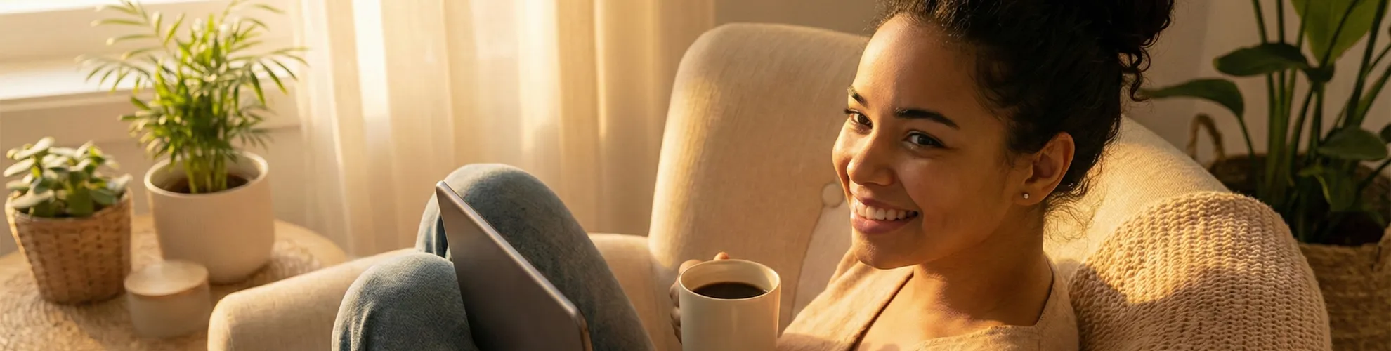 Girl sitting on the couch and drinking coffee.