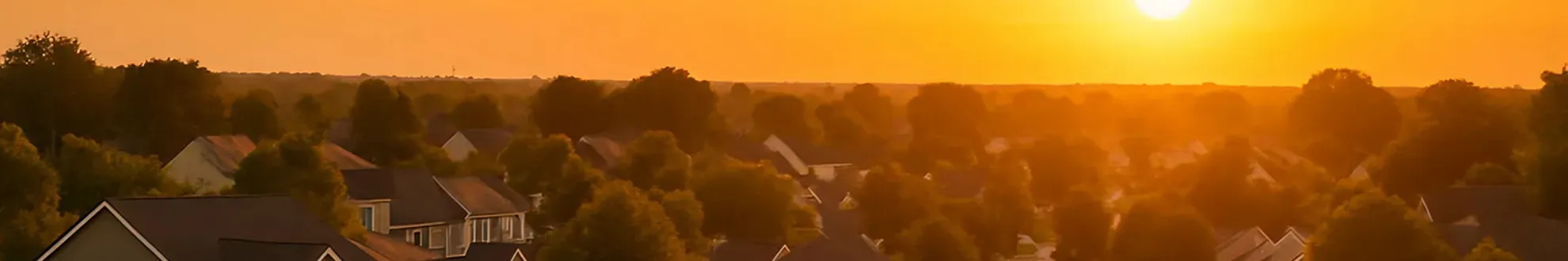 Sunset landscape with houses and trees in the background.